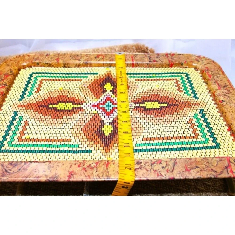 VTG 70's Metal TV Dinner Lap Tray~70's Bead Design PLUS 4 VTG Polyester Mats EUC
